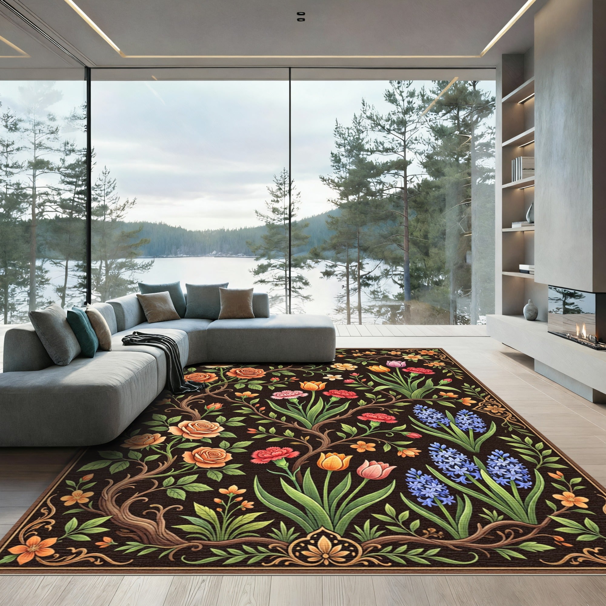 Rich Orange Rose Floral Garden Rug