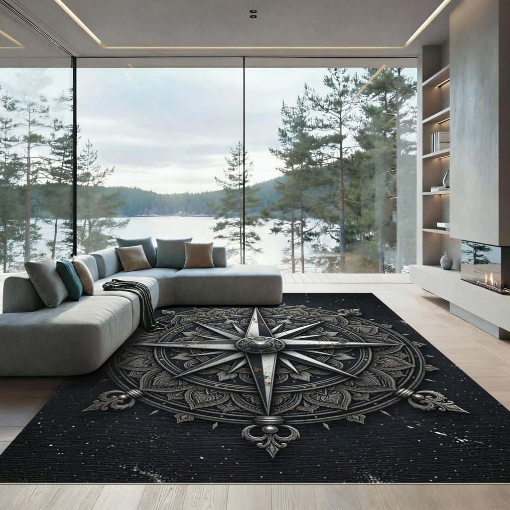 Ornate Black Compass Mandala Rug