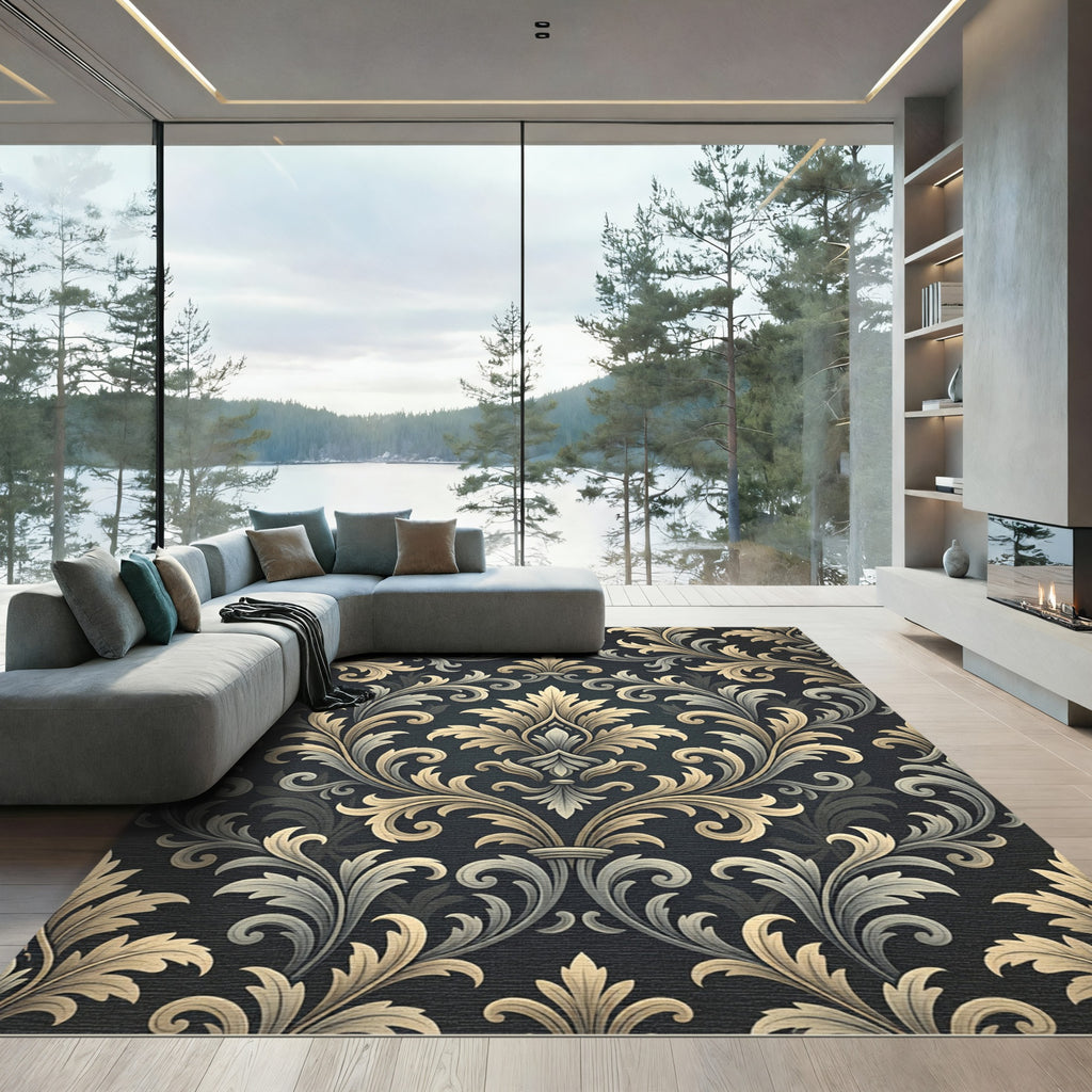 Elegant Gold Charcoal Damask Scroll Rug