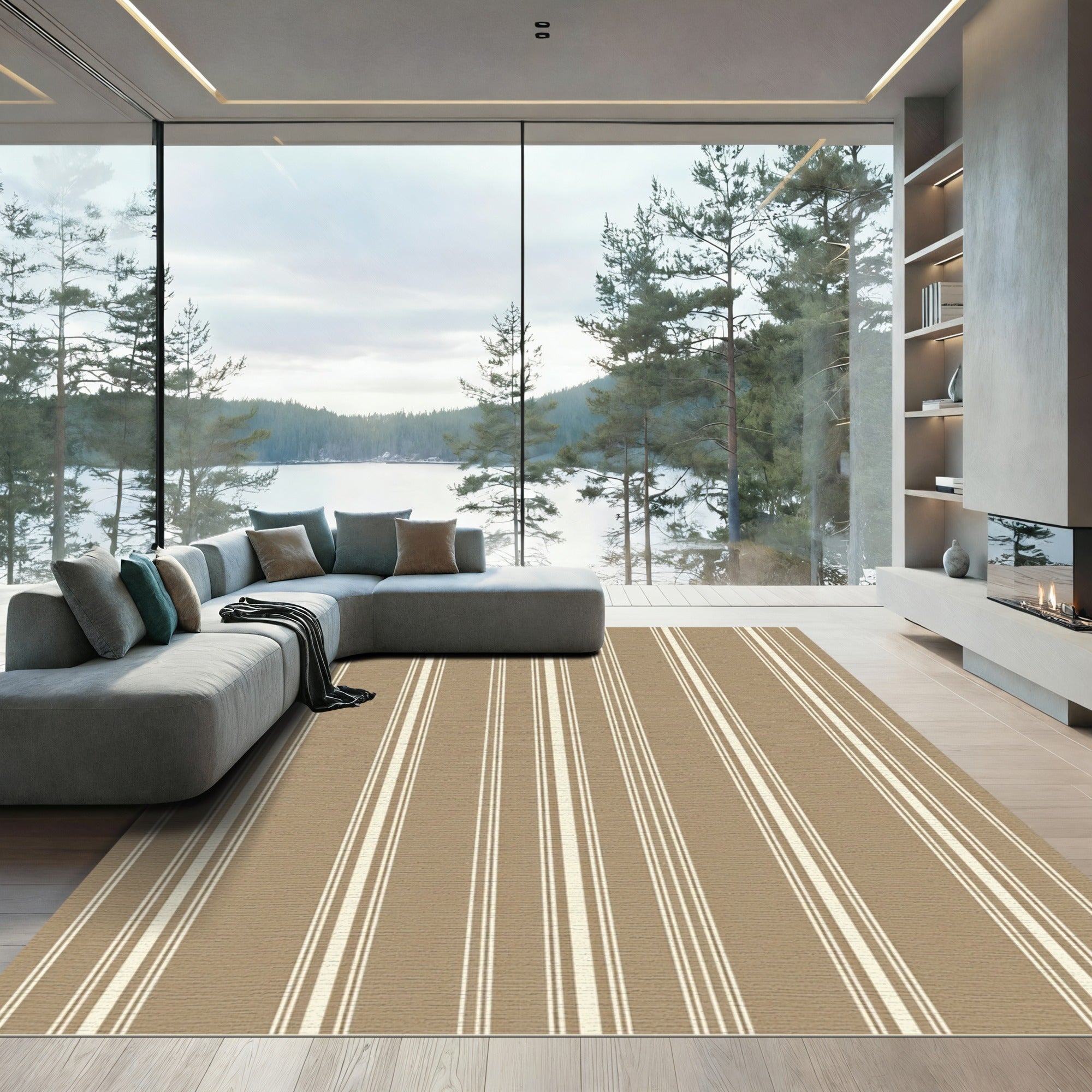 Taupe Beige Vertical Linear Stripe Rug