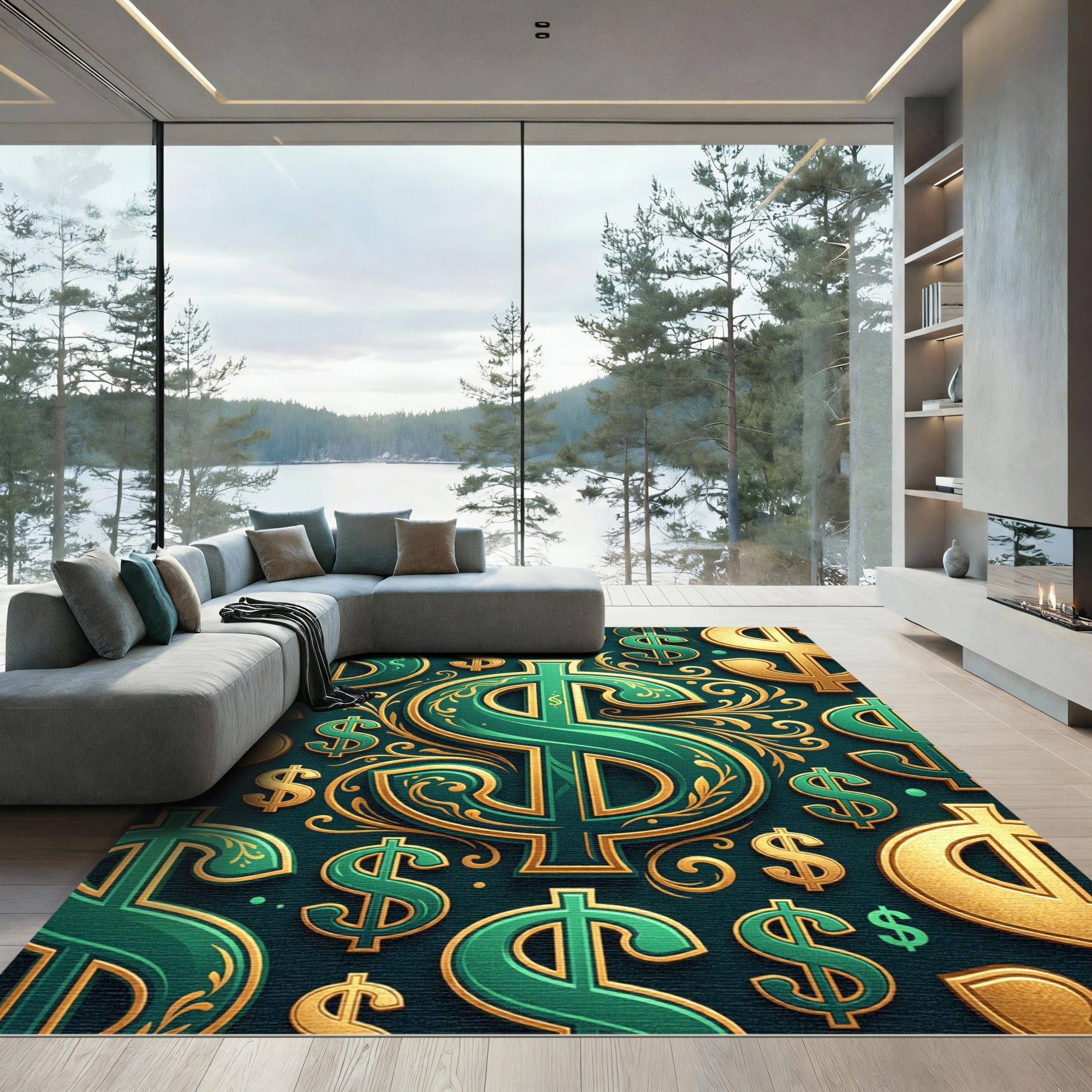 Luxurious Emerald Gold Currency Emblem Rug