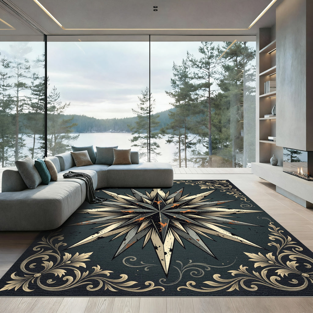 Vintage Distressed Compass Star Filigree Rug