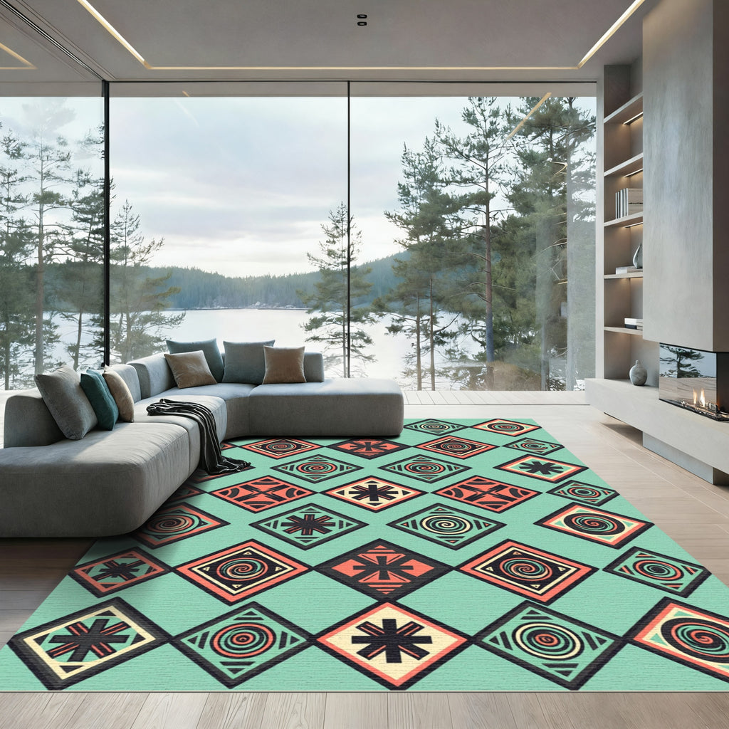 Teal Coral Tribal Diamond Repeating Rug