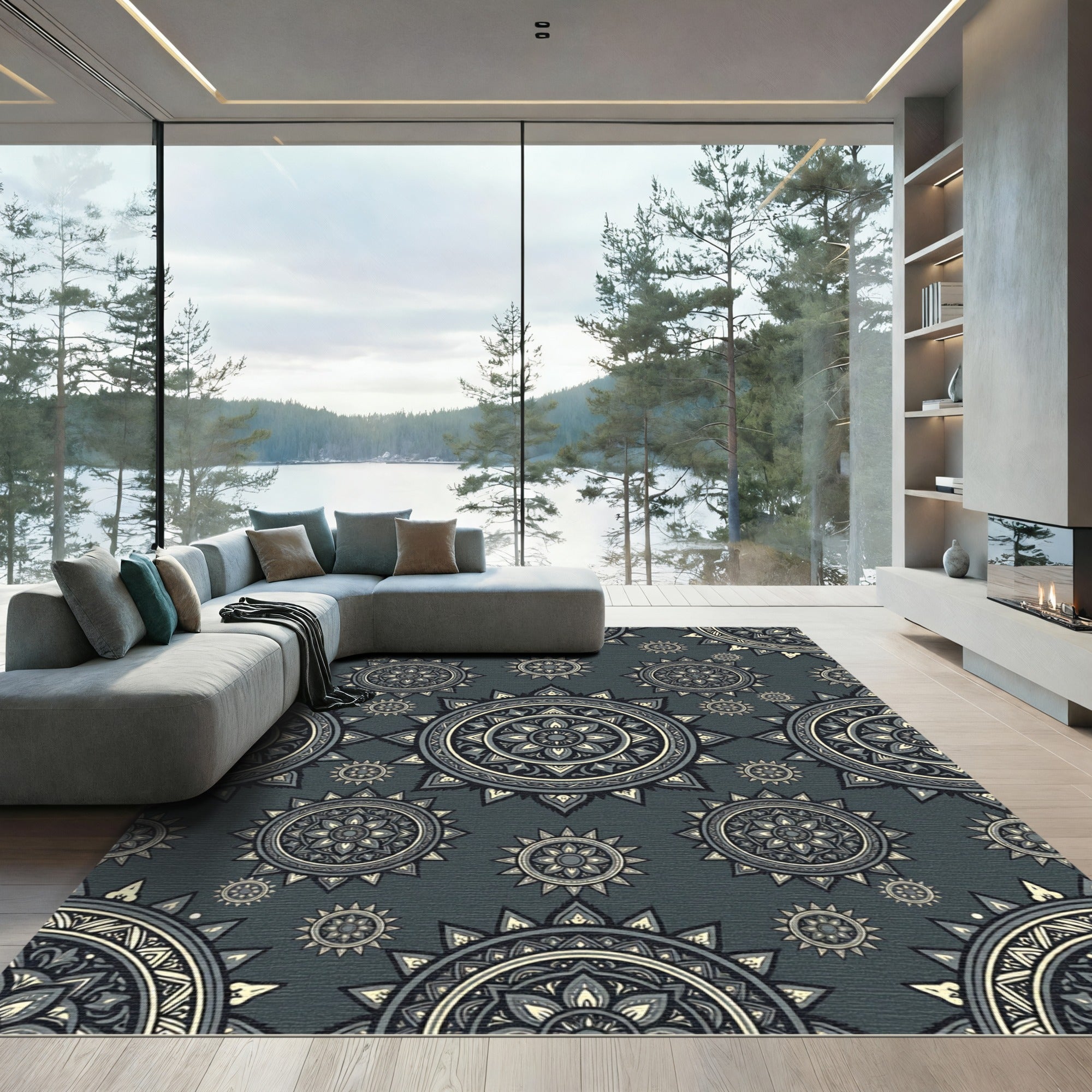 Charcoal Gray Celestial Mandala Medallion Rug