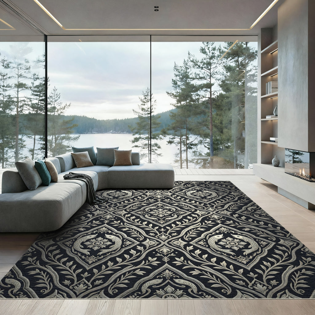 Silver Fish Vine Damask Rug