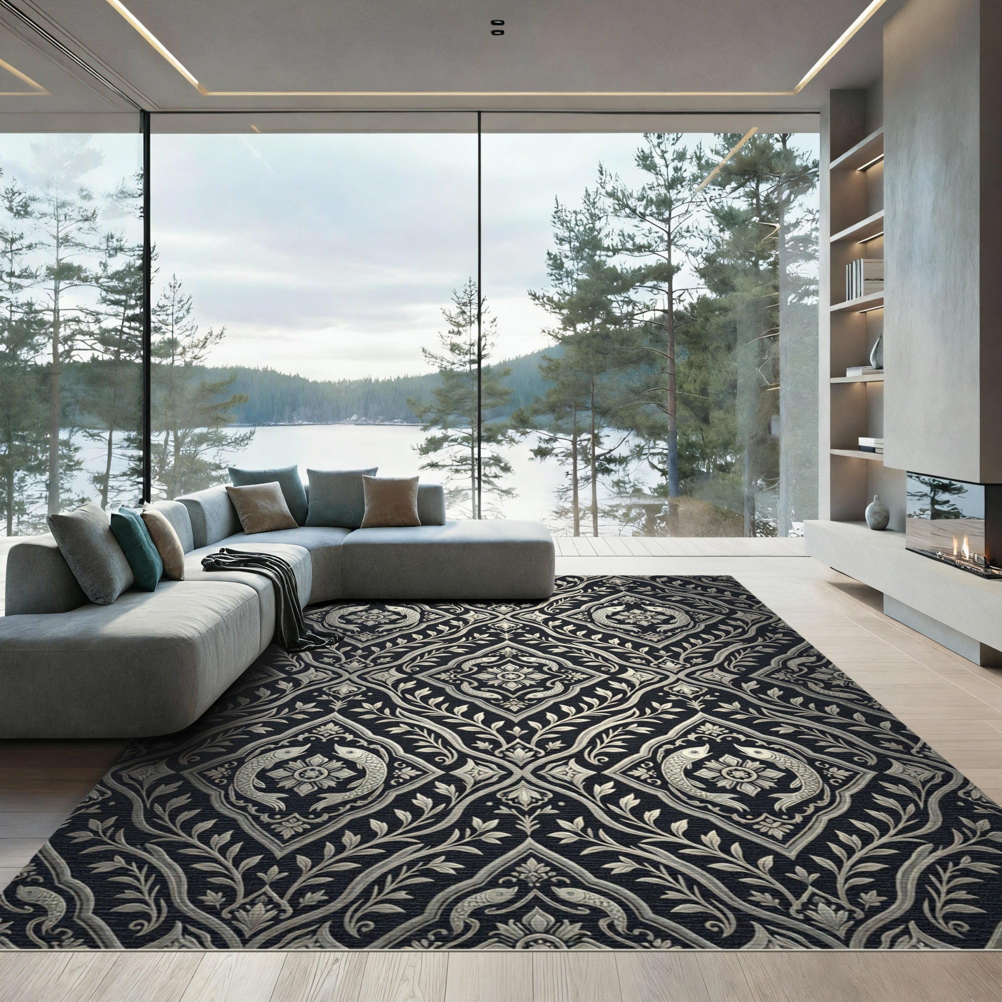 Silver Fish Vine Damask Rug