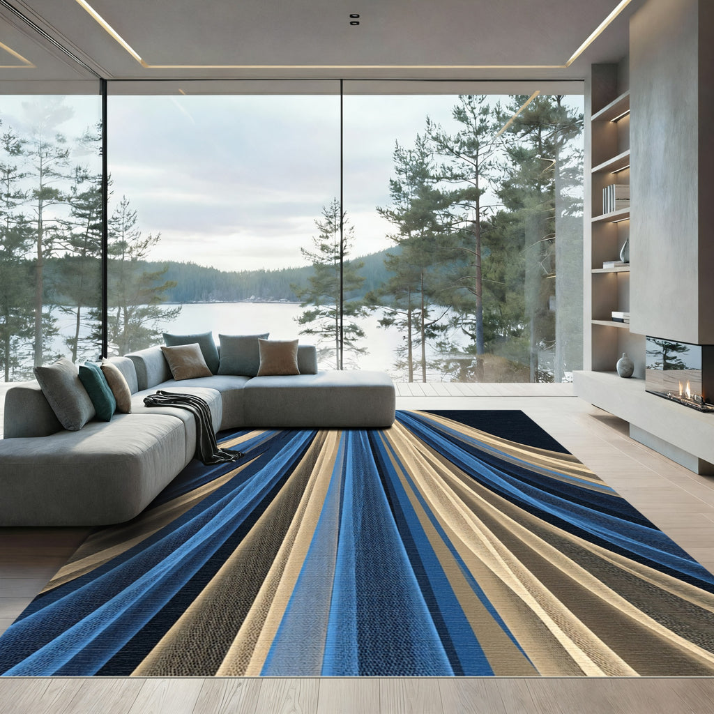 Blue and Cream Abstract Linear Flow Rug