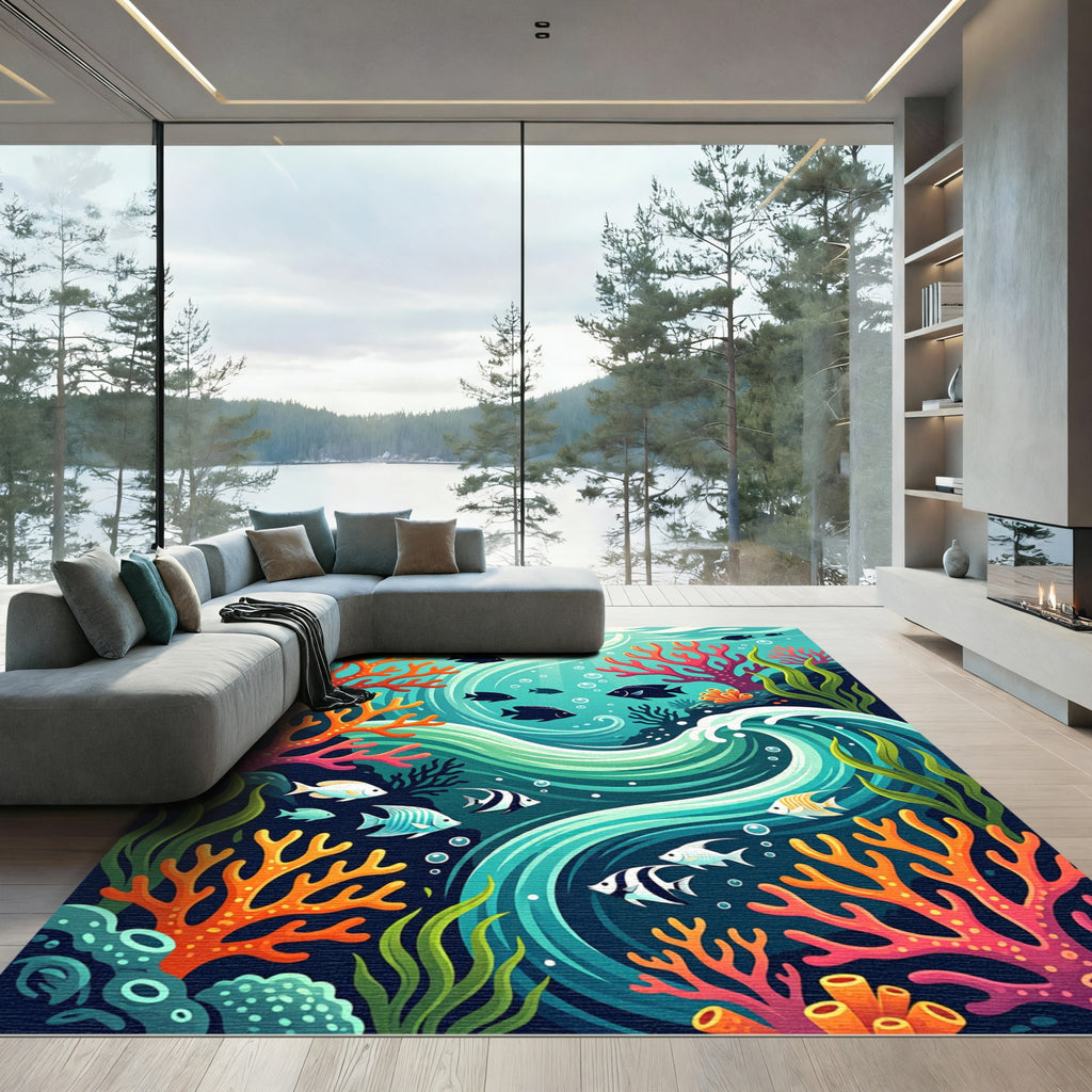 Vibrant Coral Reef Fish Swirl Aquascape Rug