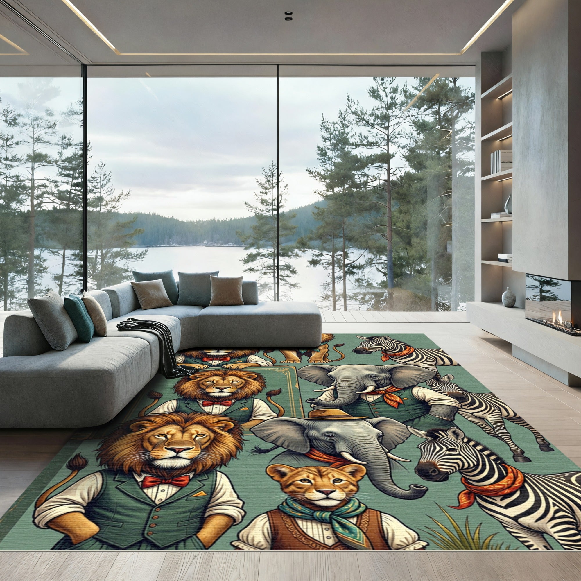 Whimsical Safari Animals in Dapper Attire Rug