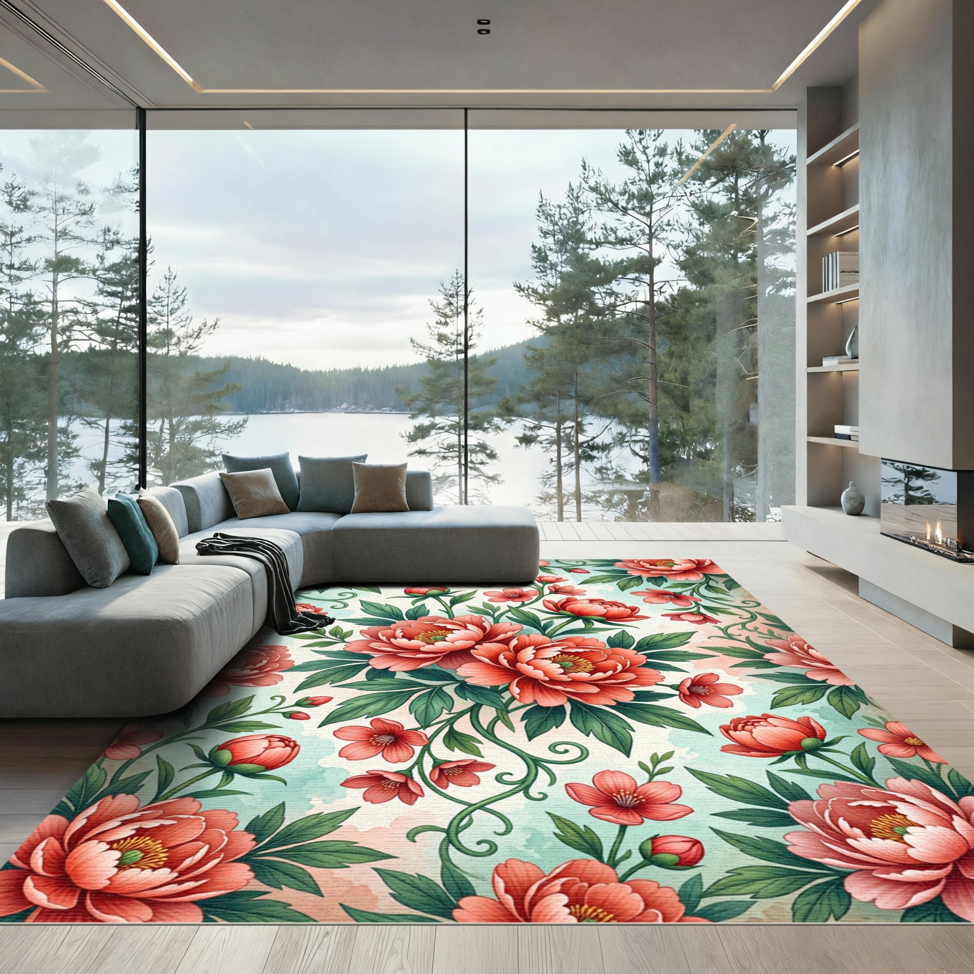 Coral Peony Floral Watercolor Illustration Rug