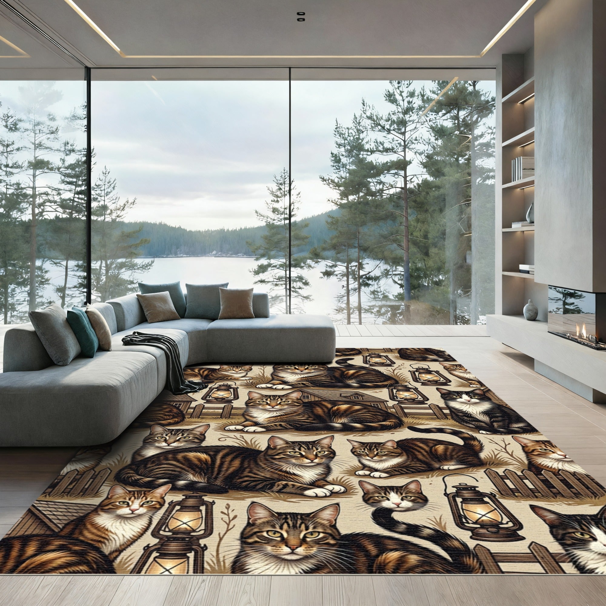Tabby Cats and Lanterns Barnyard Scene Rug