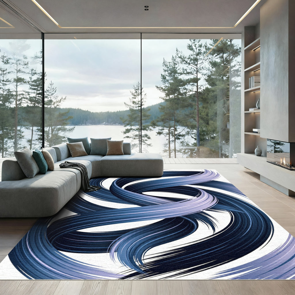 Deep Blue Swirled Brushstroke Rug