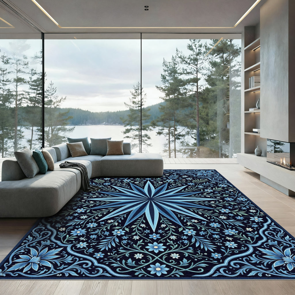 Midnight Blue Star Floral Vine Rug