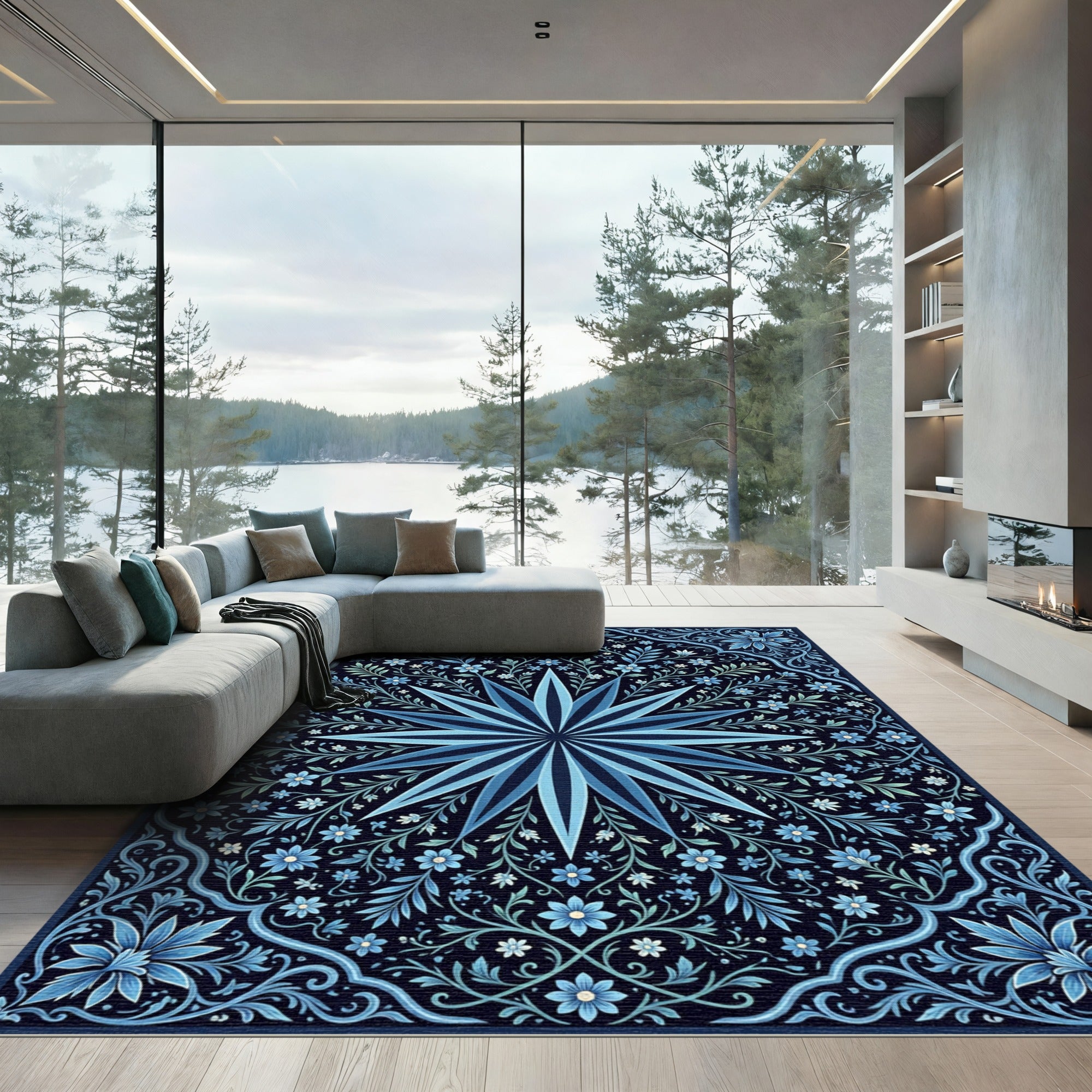 Midnight Blue Star Floral Vine Rug