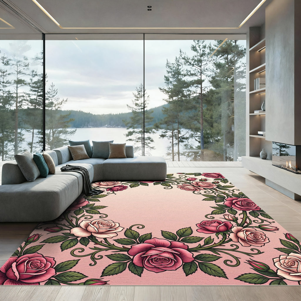 Vintage Pink Rose Garland Border Rug