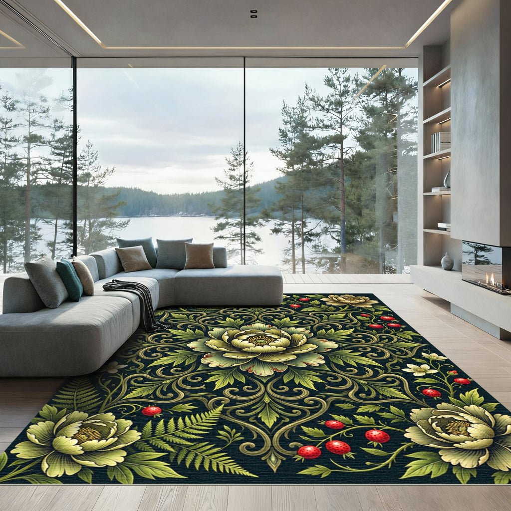 Dark Botanical Peony Fern Strawberry Rug