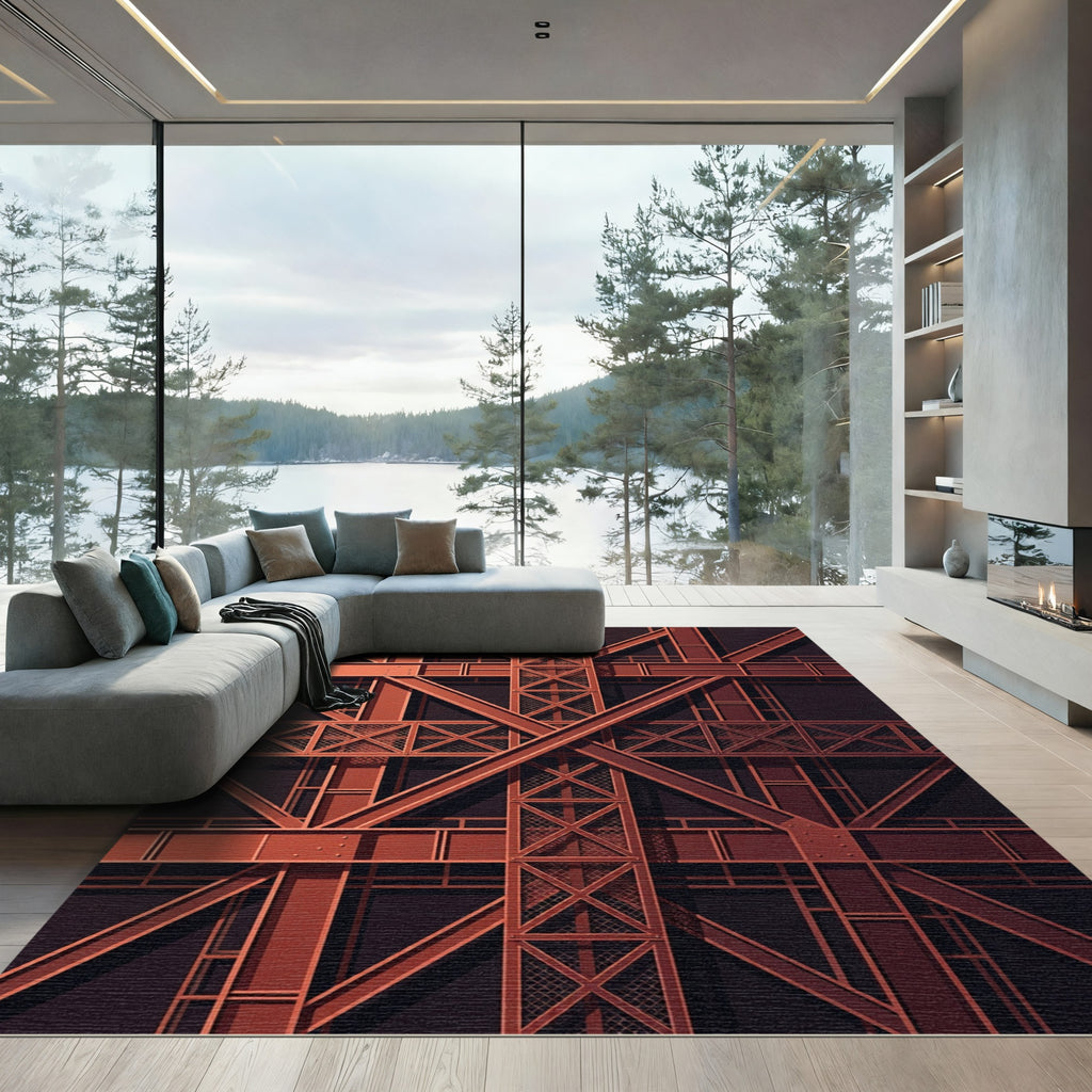 Deep Red Industrial Geometric Lattice Rug