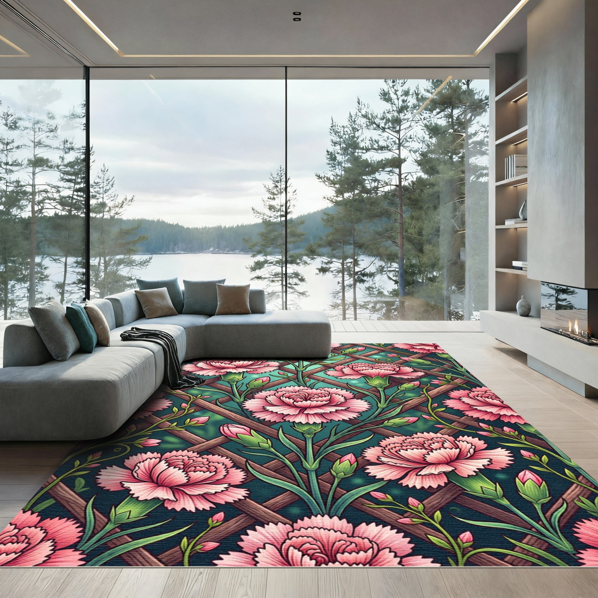 Pink Carnation Lattice Garden Rug