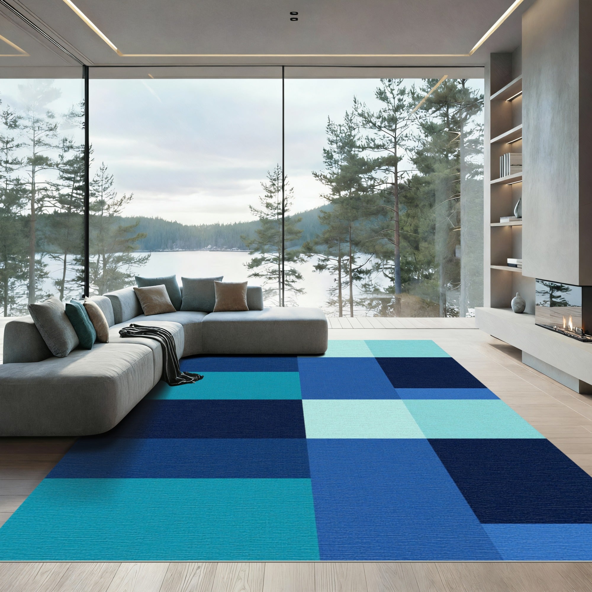 Cool Tone Geometric Block Layout Rug