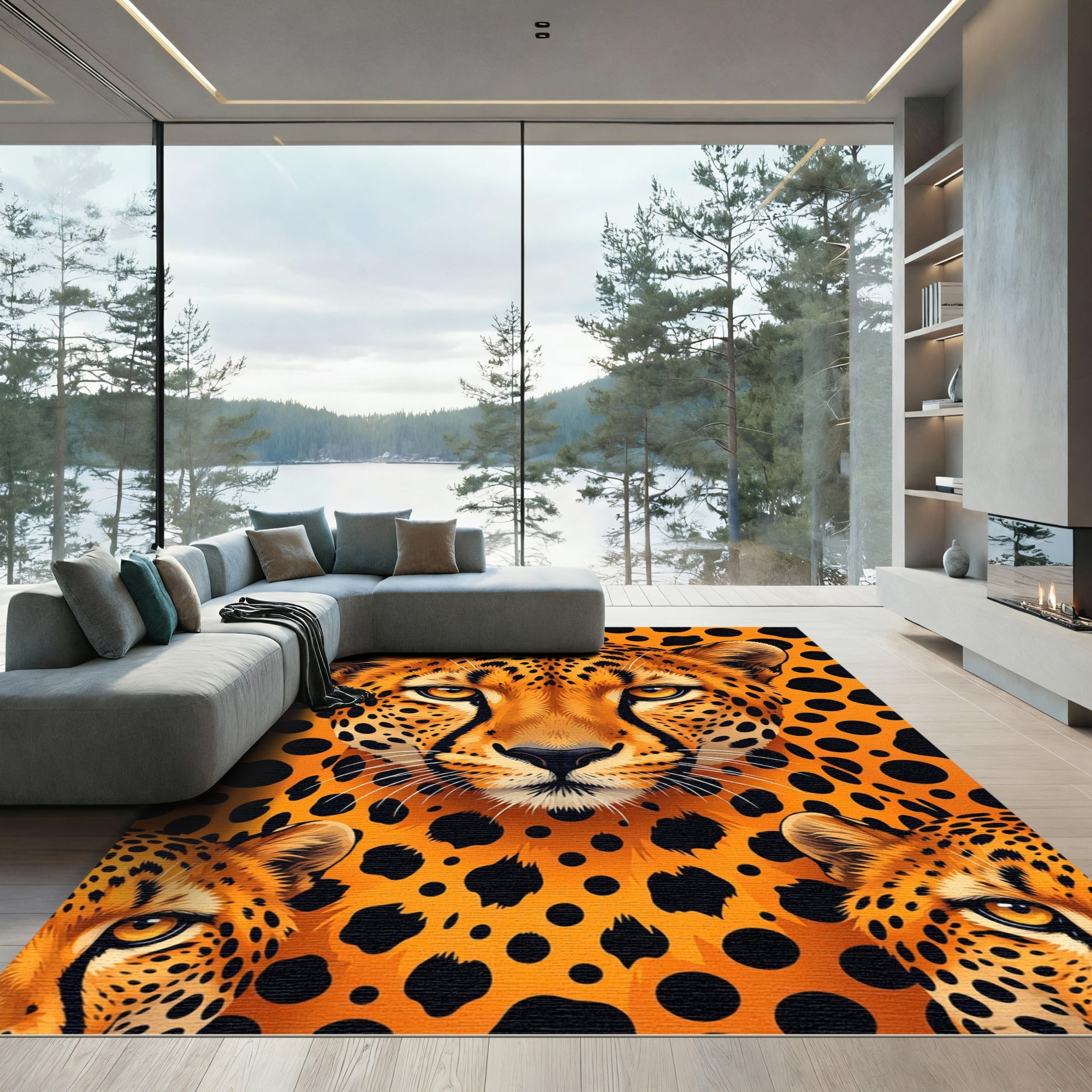 Vibrant Orange Spotted Leopard Portrait Rug