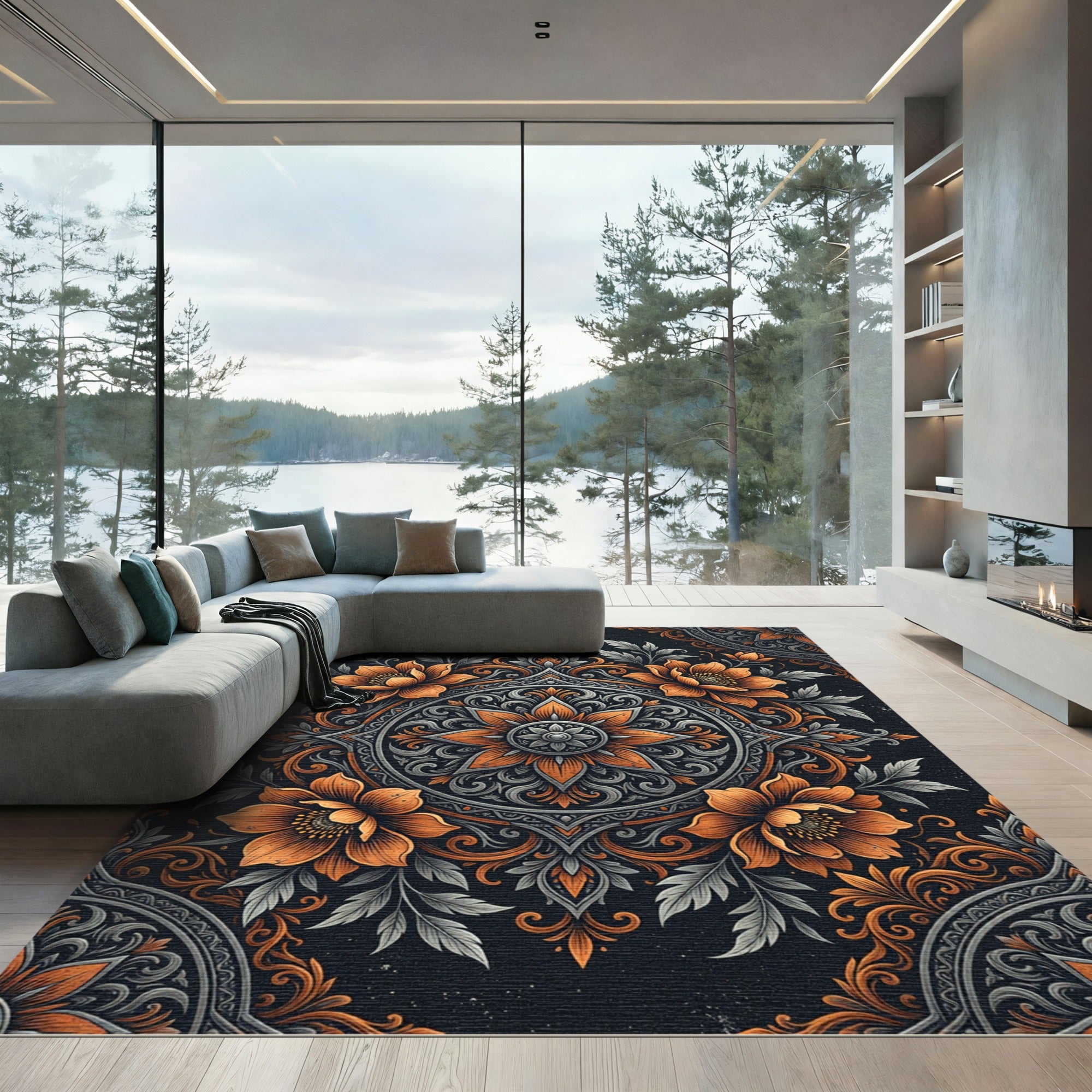 Elegant Burnt Orange Floral Medallion Rug