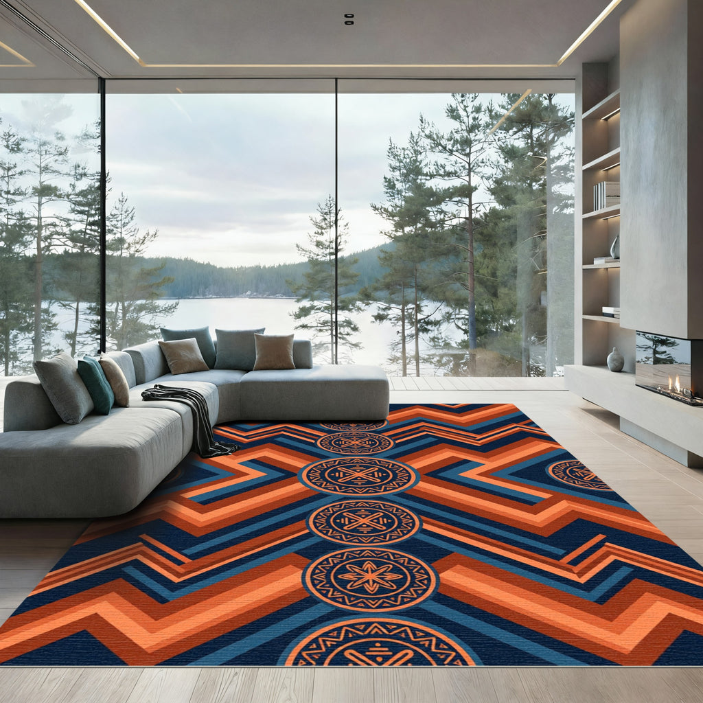 Geometric Tribal Ochre Blue Zigzag Rug
