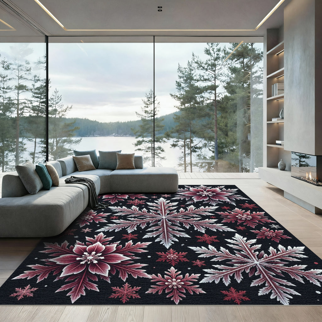 Crimson White Snowflake Winter Array Rug