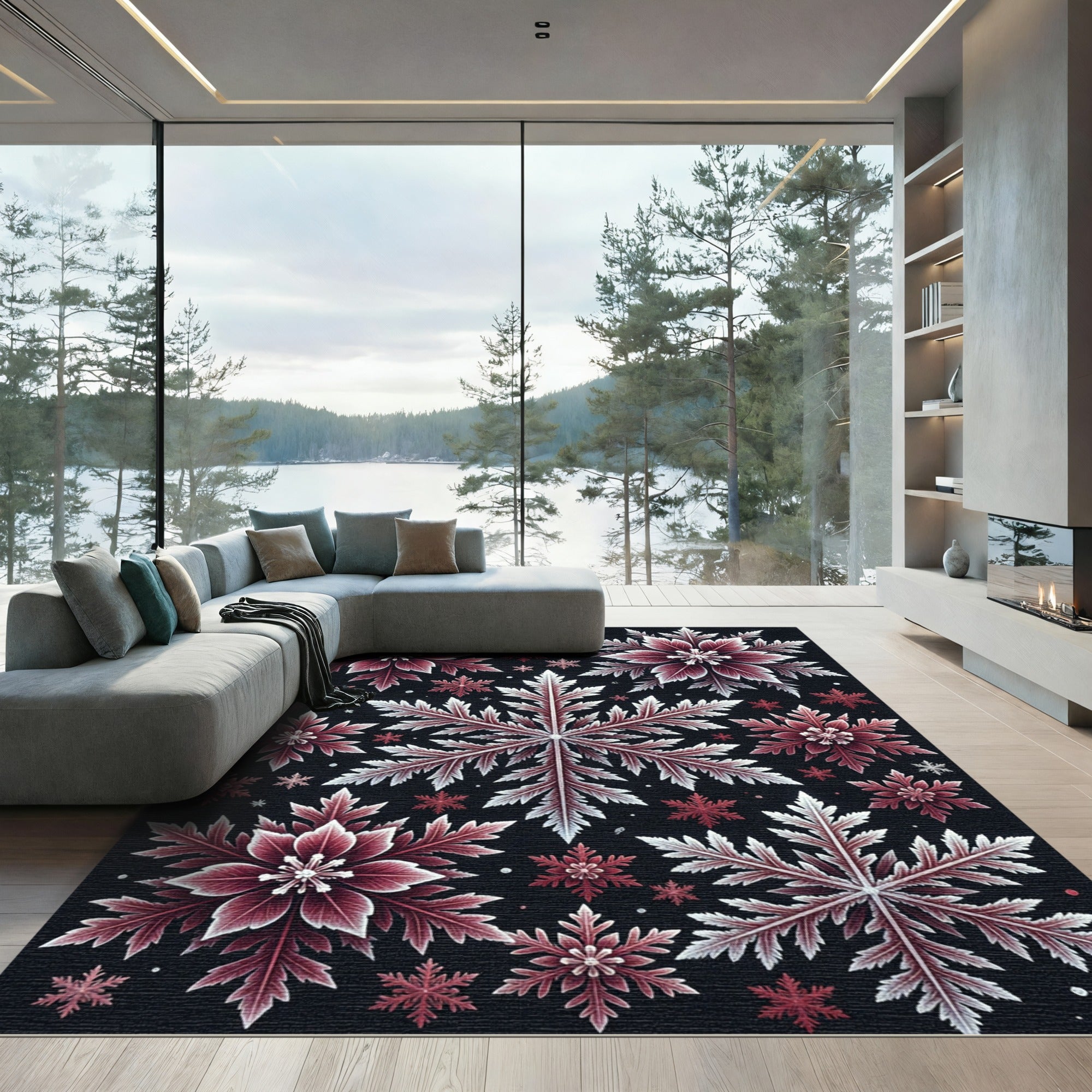 Crimson White Snowflake Winter Array Rug