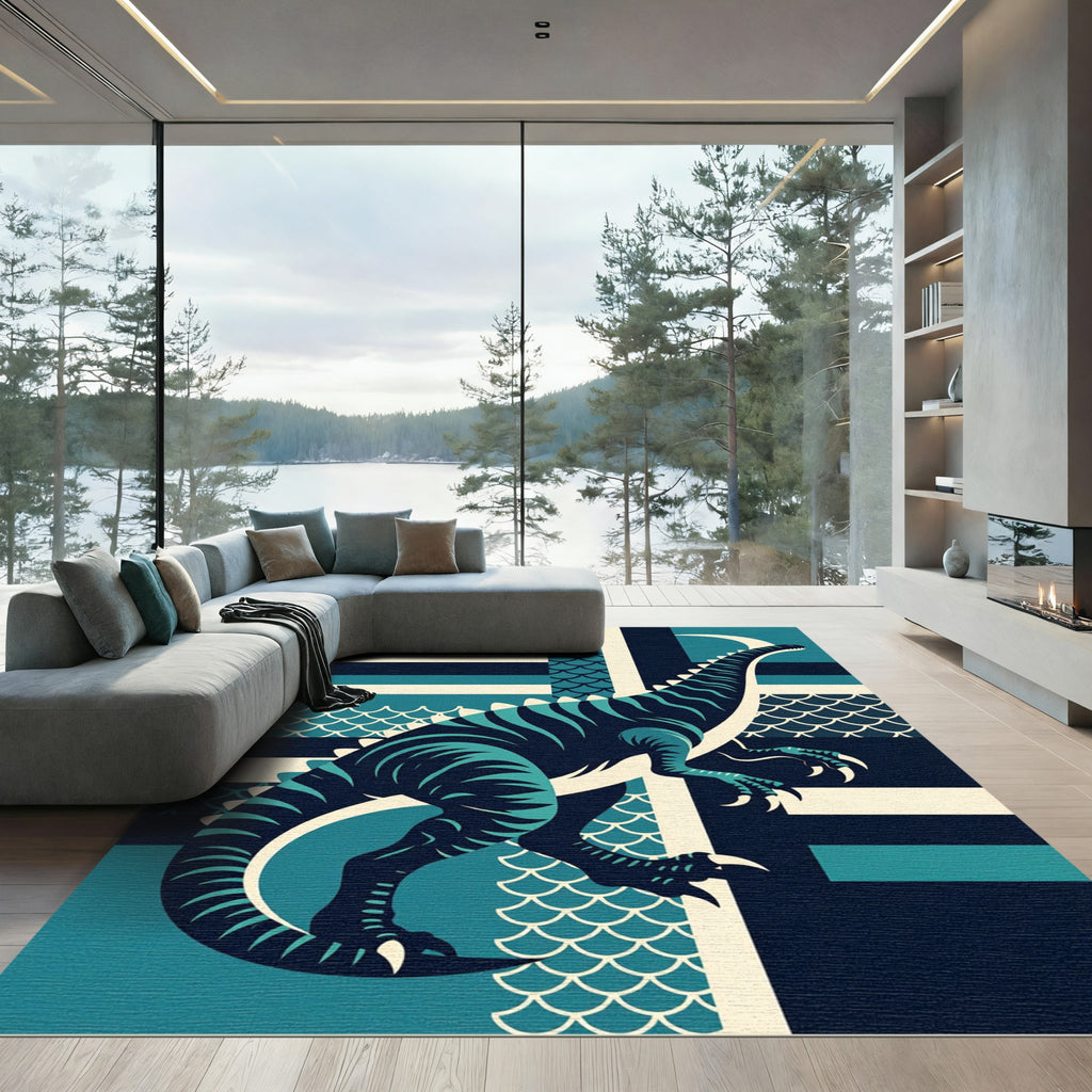 Geometric Teal Dinosaur Art Deco Rug