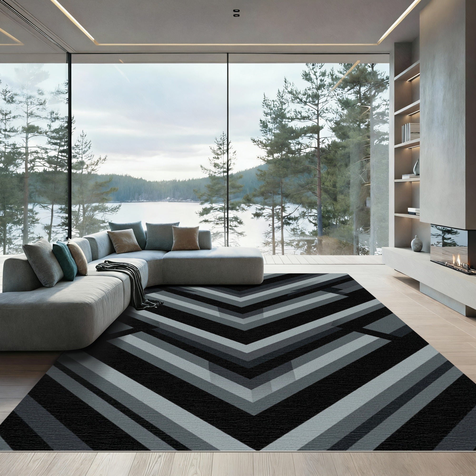 Minimalist Geometric Charcoal Chevron Abstract Rug