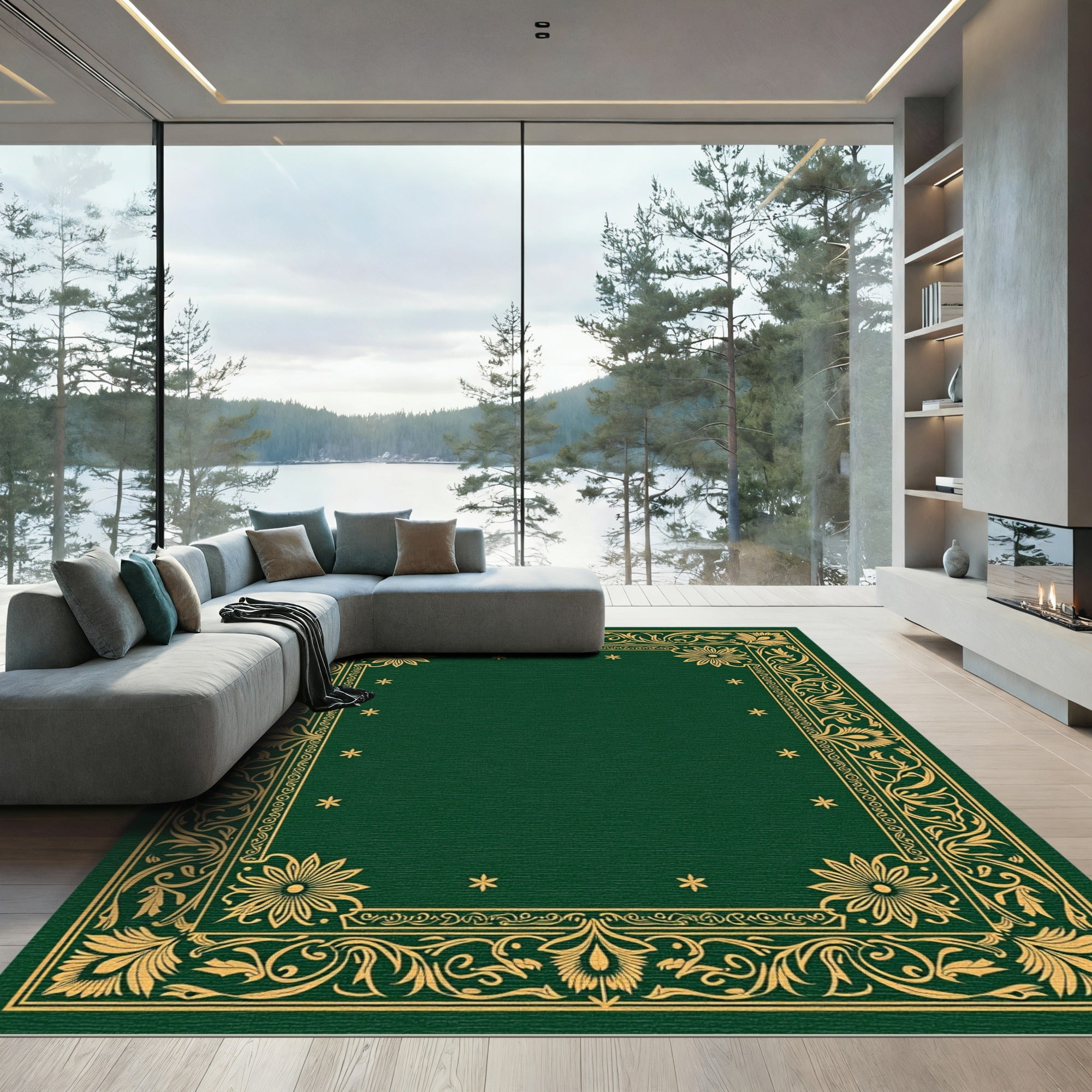 Golden Floral Border Dark Emerald Rug
