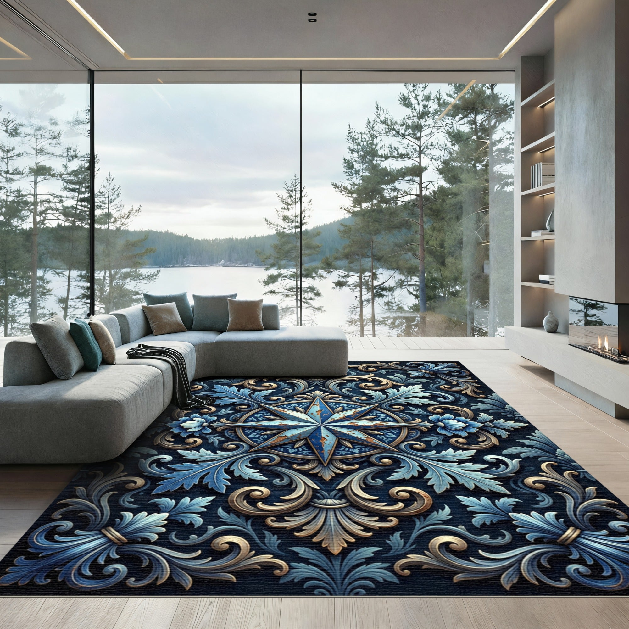 Elegant Navy Gold Compass Star Scroll Rug