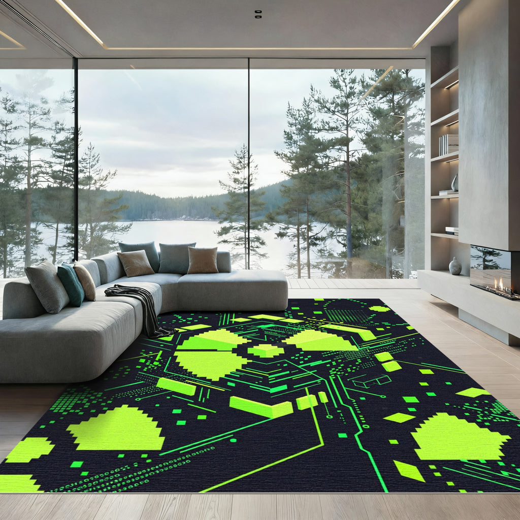 Neon Cyber Radiation Pixel Art Grid Rug