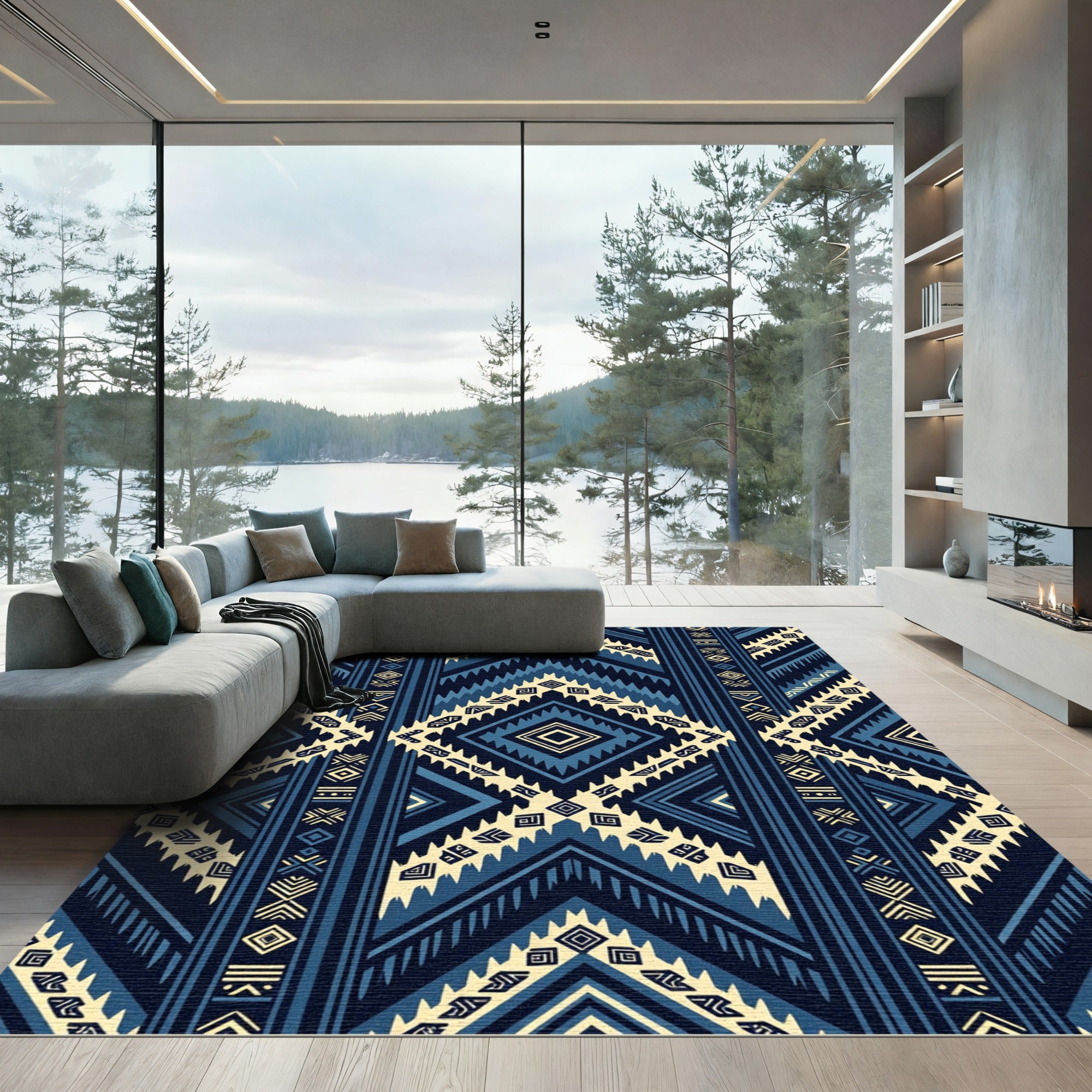 Navy Blue Geometric Arrow Boho Rug