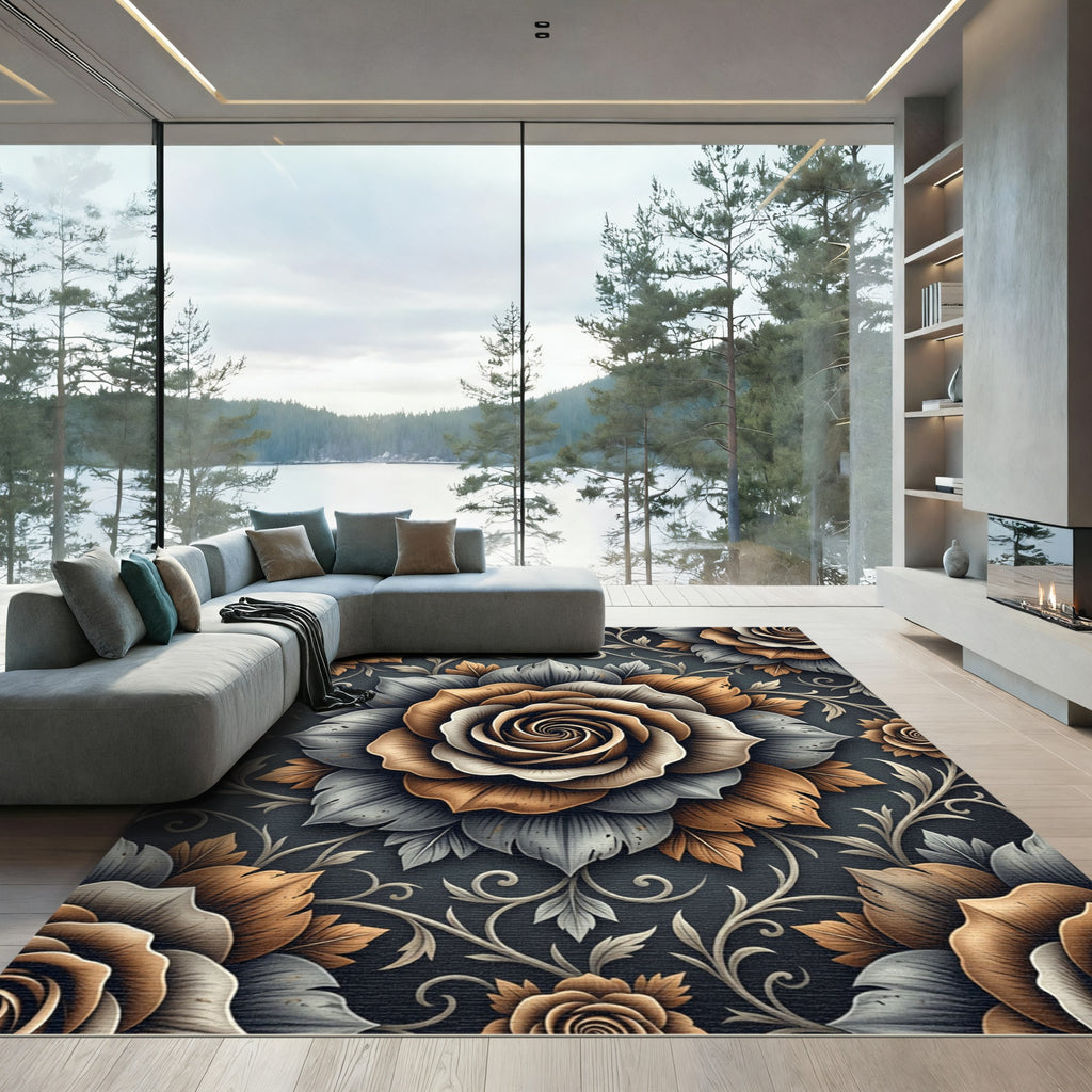 Elegant Bronze and Slate Floral Rose Rug