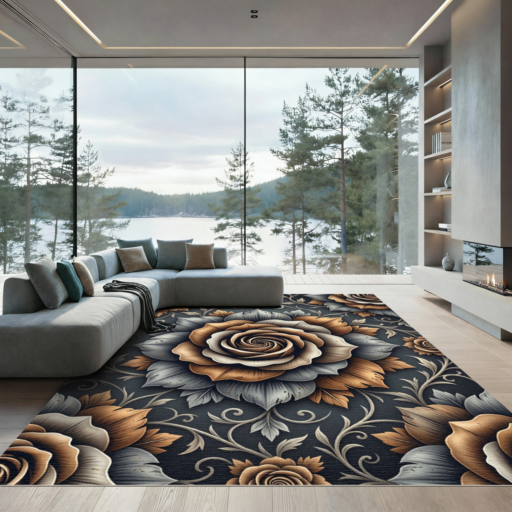 Elegant Bronze and Slate Floral Rose Rug
