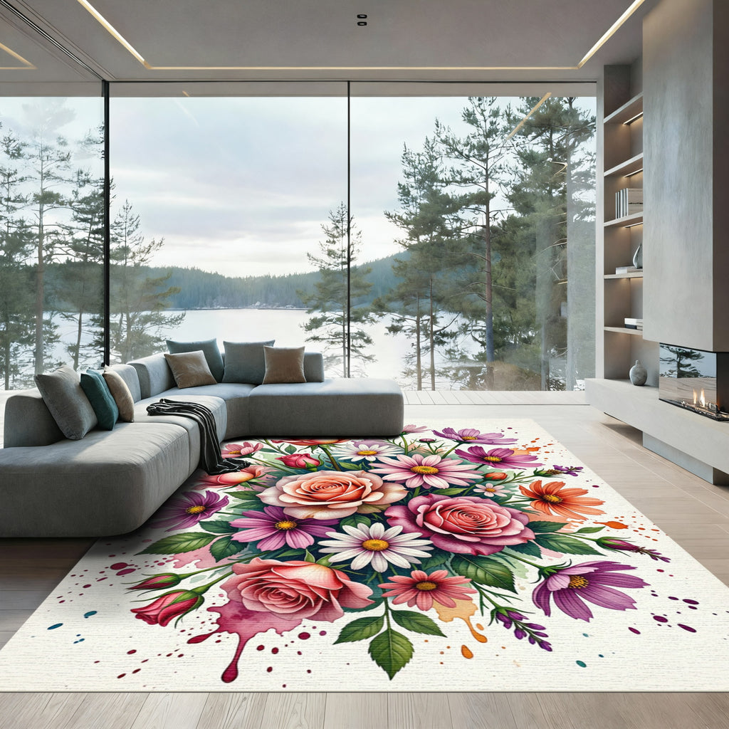 Vibrant Watercolor Floral Bouquet Arrangement Rug