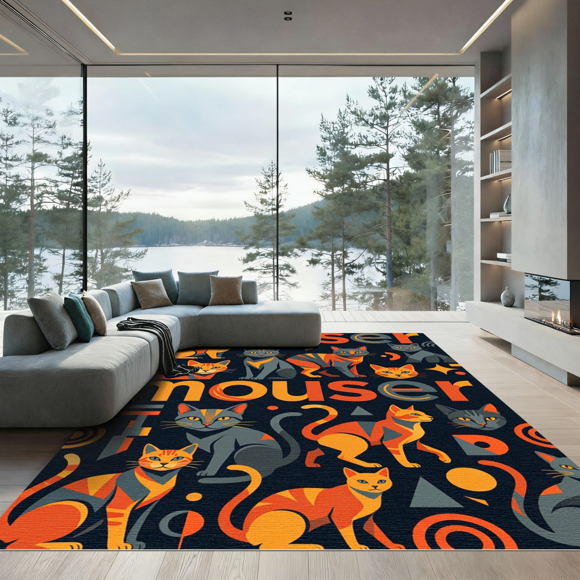 Orange Grey Feline Geometric Arrangement Rug