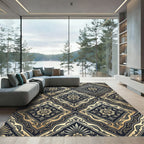 Elegant Charcoal and Gold Damask Medallion Rug