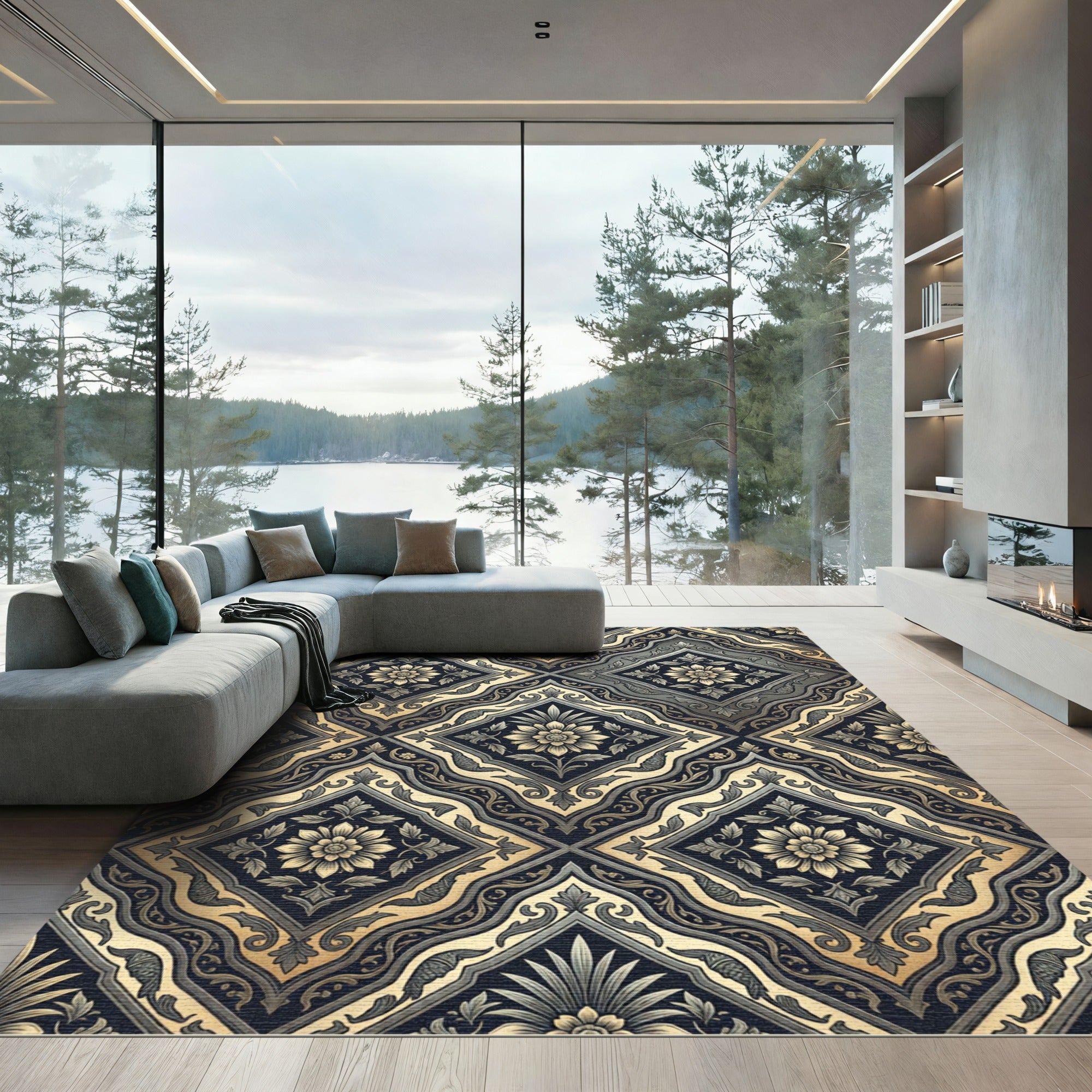 Elegant Charcoal and Gold Damask Medallion Rug