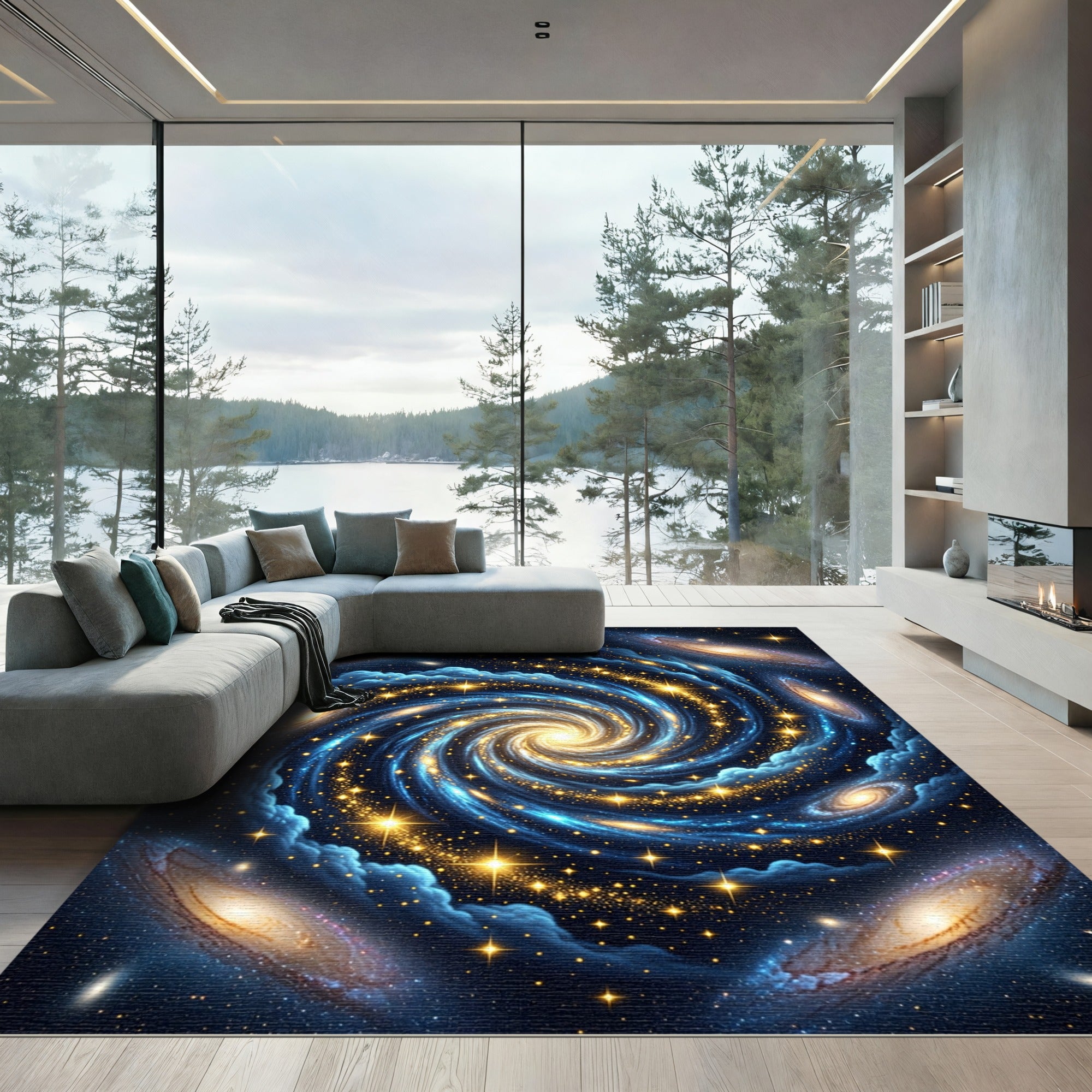 Cosmic Golden Swirl Spiral Galaxy Rug