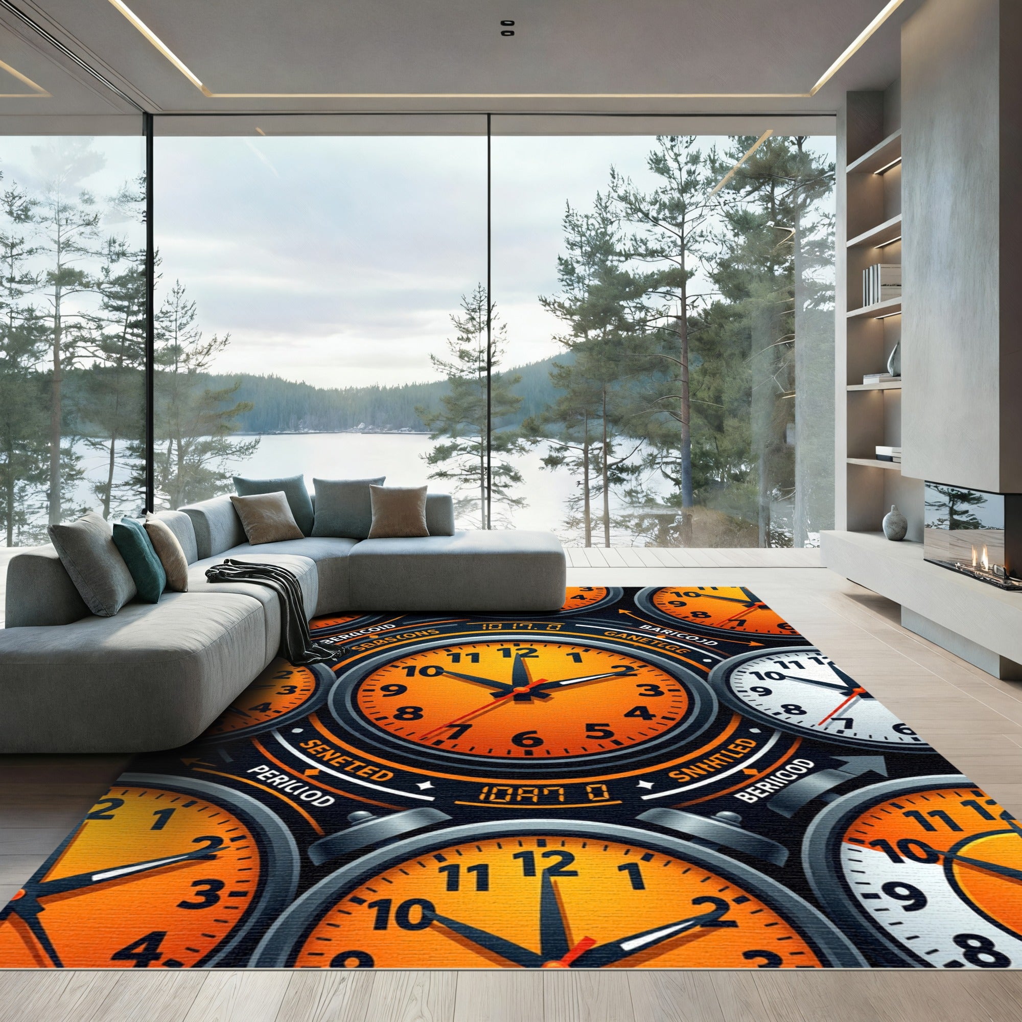 Vibrant Retro Orange Clockwork Surreal Rug