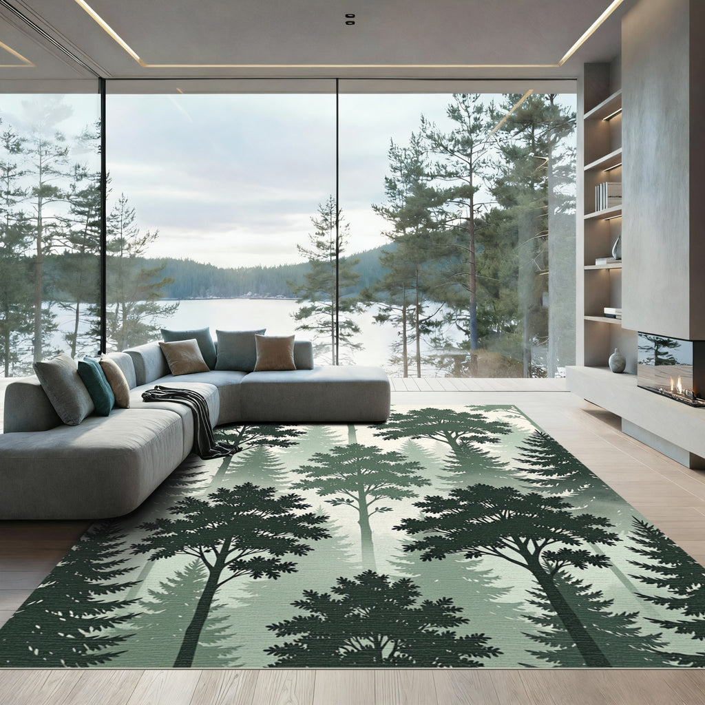 Misty Sage Forest Woodland Landscape Rug