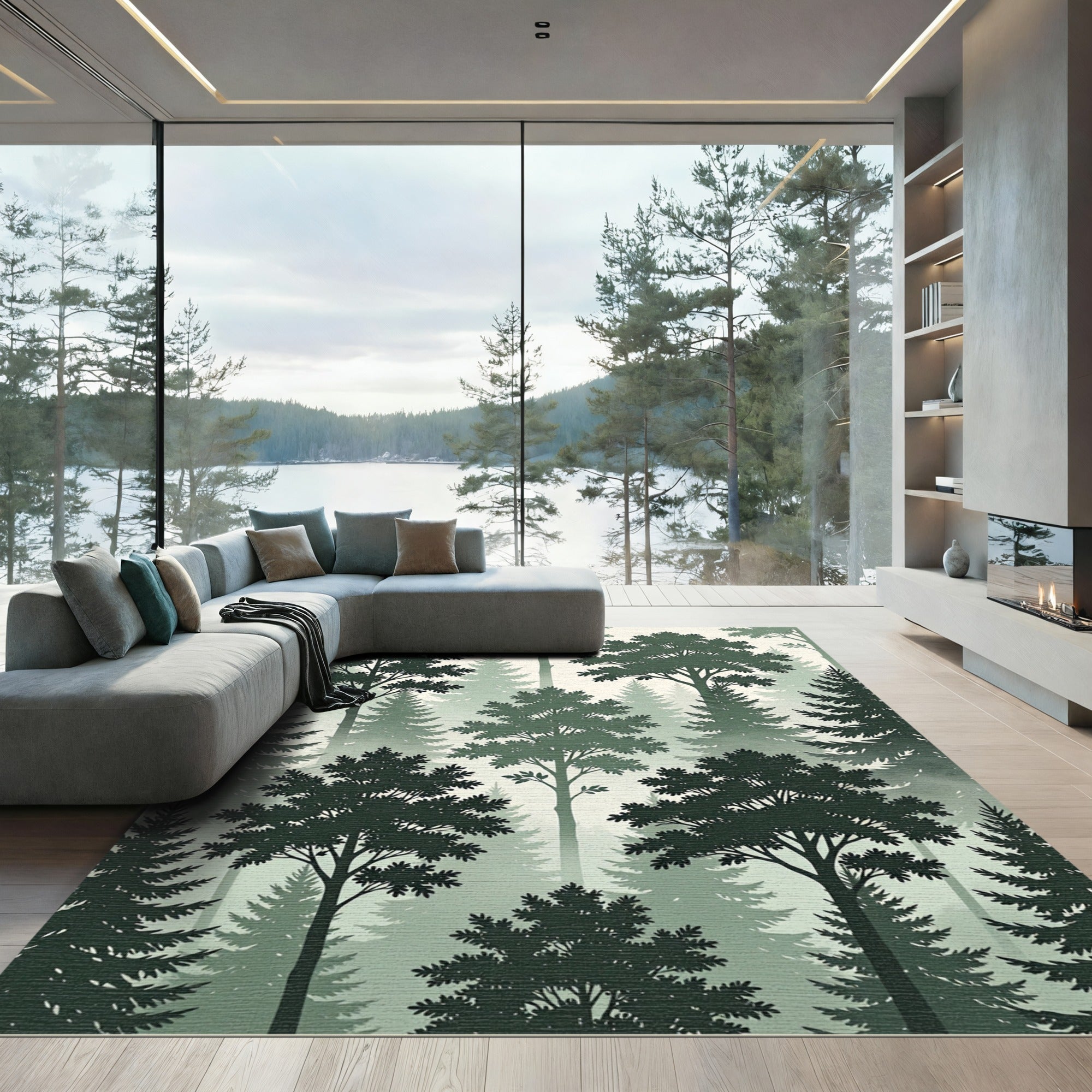 Misty Sage Forest Woodland Landscape Rug