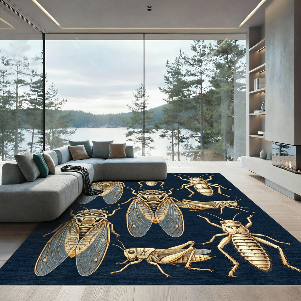 Entomological Cicada Grasshopper Beige Ink Art Rug