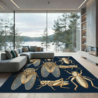 Entomological Cicada Grasshopper Beige Ink Art Rug