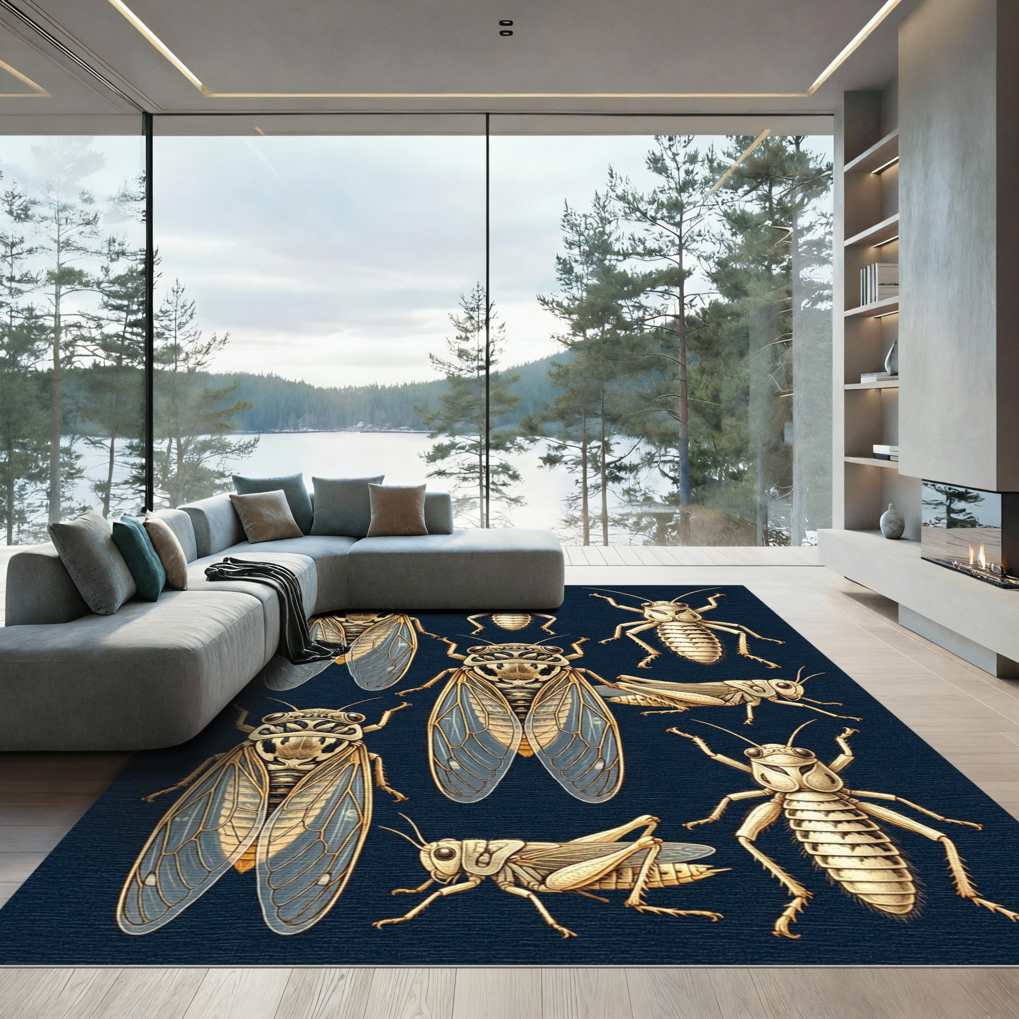 Entomological Cicada Grasshopper Beige Ink Art Rug