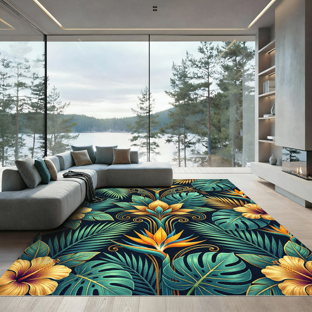 Lush Golden Tropical Botanical Foliage Rug