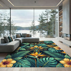 Lush Golden Tropical Botanical Foliage Rug