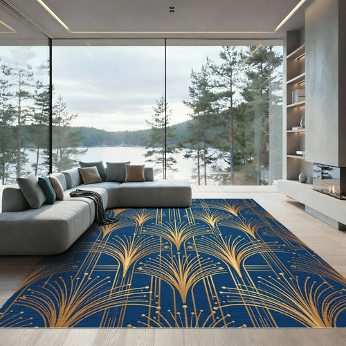 Art Deco Gold Fan Sapphire Blue Rug